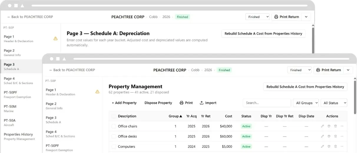 GA-TaxPro Cloud return workspace showing the PT-50P Schedule A depreciation page behind the property management table.
